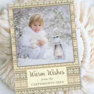 Tarjeta Festiva Snowflake Marrón Nórdico Sweater Foto Deseos cálid