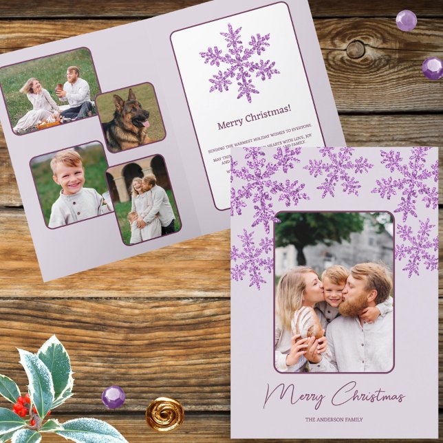Tarjeta Festiva Snowflake Purple Glam Moda de escritura de moda 5  (Your five photos and text will make these faux purple glitter snowflake Christmas cards unique)