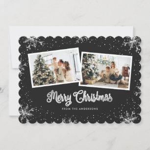 Tarjeta Festiva Snowflakes Black Silver Photo Merry Christmas Card