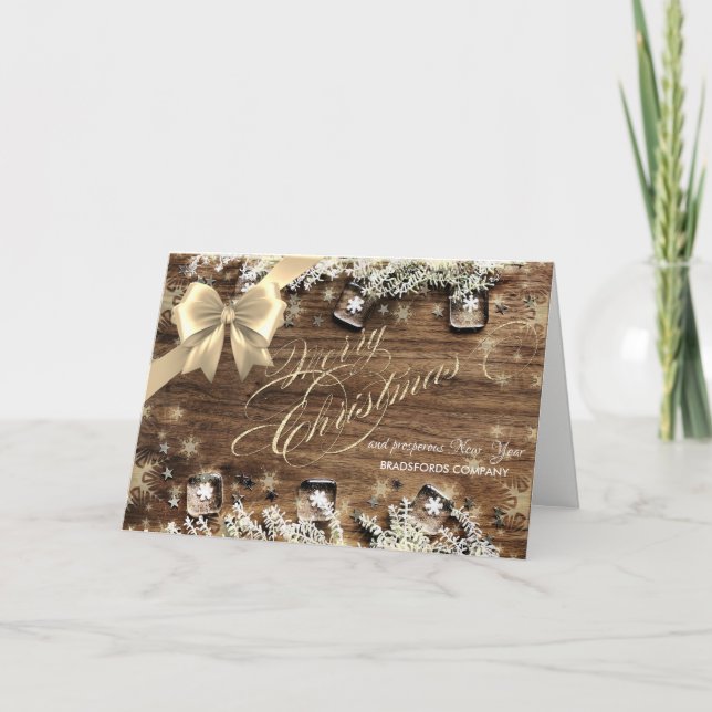 Tarjeta Festiva Snowflakes, Bow, Wood, Navidades Saludo Corporativ (Anverso)