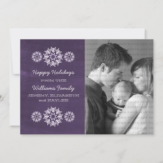 Tarjeta Festiva Snowflakes Chalkboard Photo Flat Card, Púrpura (Anverso)
