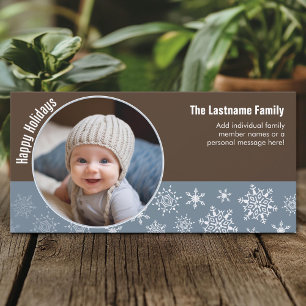 Tarjeta Festiva Snowflakes con Circle Photo - azul y marrón