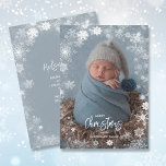 Tarjeta Festiva Snowflakes Photo Winter Birth Announcements<br><div class="desc">White snowflakes border your baby's photo on these winter holiday birth announcements. Merry Christmas in white and your family name in chic lettering on the front and and your baby's birth info on the back. ***HORIZONTAL layout done in our store. Select High Definition for best photo quality.</div>