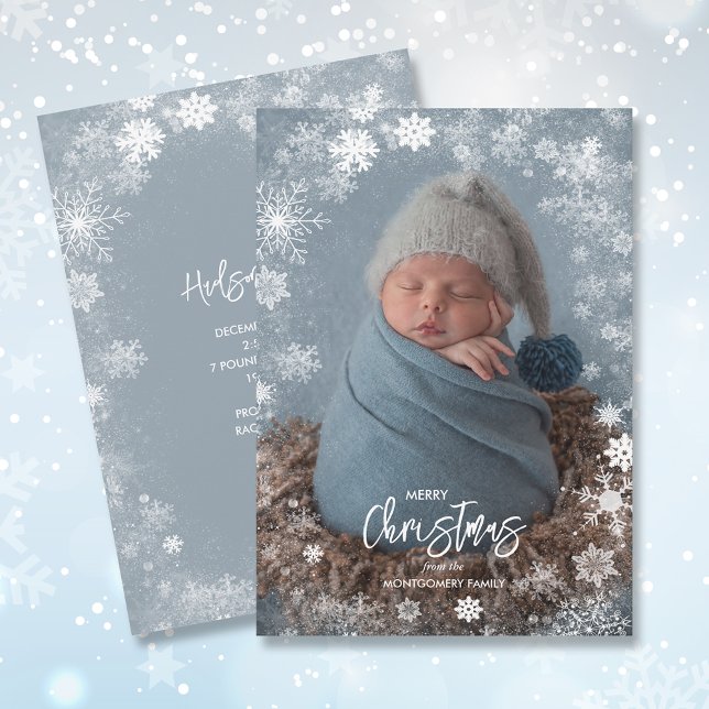 Tarjeta Festiva Snowflakes Photo Winter Birth Announcements (Subido por el creador)