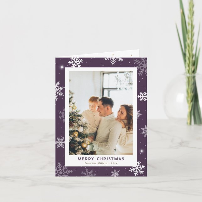Tarjeta Festiva Snowflakes Purple Photo Merry Christmas (Anverso)