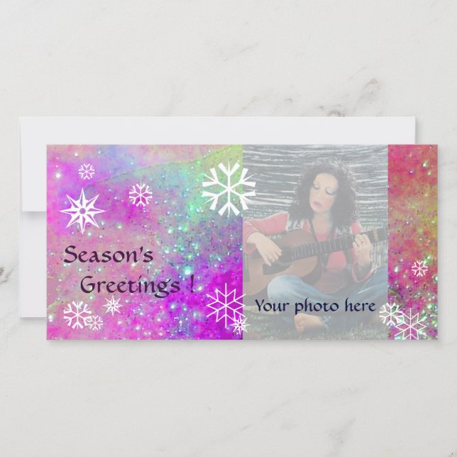Tarjeta Festiva SNOWFLAKES, rosa, fucsia, violeta, púrpura, blanco (Anverso)