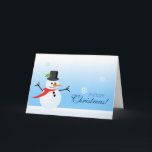 Tarjeta Festiva Snowman<br><div class="desc">Tarjeta de saludo de Snowman con un lindo muñeco de nieve con una bufanda roja y un gorra negro sobre un fondo azul que se desvanece, que está disfrutando de la temporada invernal mientras los copos de nieve de diferentes formas siguen cayendo. Ideal para Navidades o cualquier otra ocasión. ©...</div>