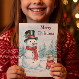 Tarjeta Festiva Snowman  and Cat Merry Christmas Kids 