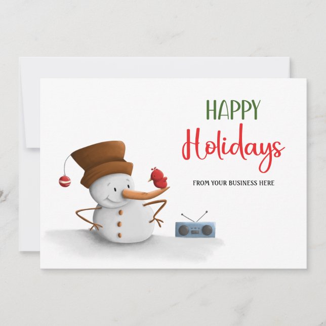 Tarjeta Festiva Snowman and Radio Happy Holidays Business (Anverso)