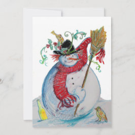 TARJETA FESTIVA SNOWMAN BEBIDO CON AVES INVIERNO GREETING