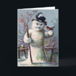 Tarjeta Festiva Snowman Bird Winter Songbird<br><div class="desc">Este muñeco de nieve tiene un amigo. Esta imagen vintage de Navidad muestra a un muñeco de nieve sosteniendo un pájaro.</div>