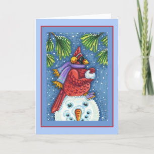 TARJETA FESTIVA SNOWMAN BODYGUARD, NAVIDADES CARDINAL REDBIRD