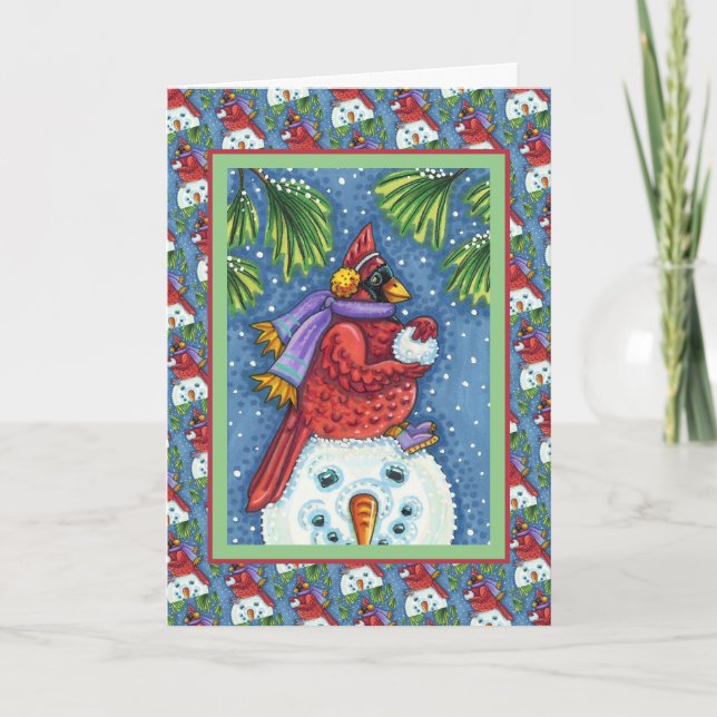 TARJETA FESTIVA SNOWMAN BODYGUARD, NAVIDADES CARDINAL REDBIRD (Anverso)