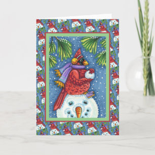 TARJETA FESTIVA SNOWMAN BODYGUARD, NAVIDADES CARDINAL REDBIRD