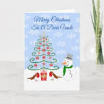 Tarjeta Festiva Snowman Christmas Tree Design Uncle Navidades<br><div class="desc">Tarjeta de saludo tío Navidades tarjeta de muñeco de nieve árbol de Navidad y ladrones diseño. Personalizar esta tarjeta de Navidades con cualquier texto, luego tenerla impresa y enviarla o descargarla al instante. Si necesita ayuda para personalizar, póngase en contacto con nosotros a través del enlace de esta página. Tío...</div>