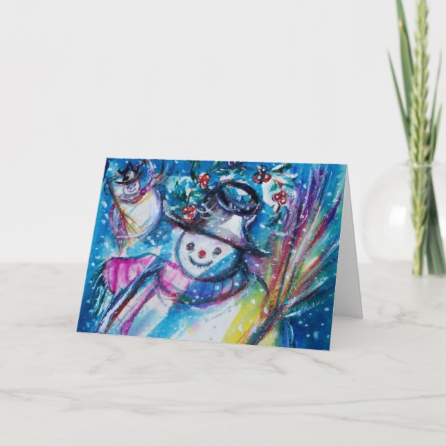 Tarjeta Festiva SNOWMAN CON BALLO EN INVIERNO Saludos navideños (Anverso)