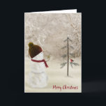 Tarjeta Festiva Snowman con una estrella del oro de los Navidades<br><div class="desc">Un lindo muñeco de nieve con una gorra de caldo y una bufanda sostiene una estrella de oro para un pino viejo. Se puede cambiar todo el texto.</div>
