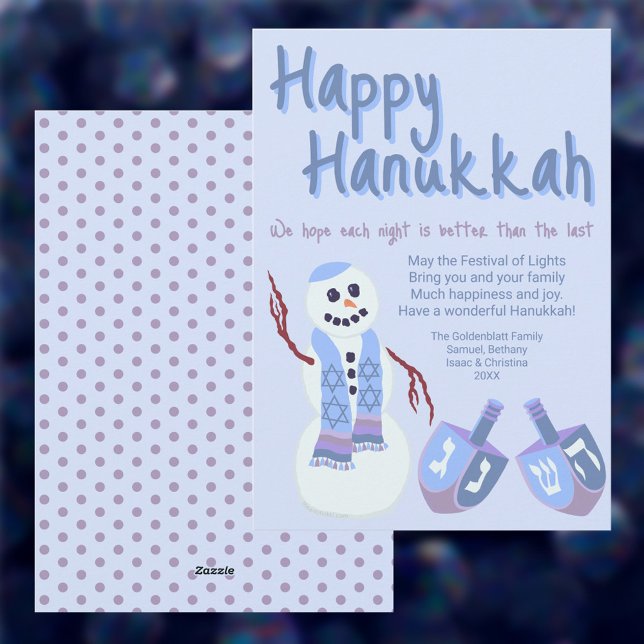 Tarjeta Festiva Snowman Dreidels Blue Cute celebra Hanukkah (It's easy to personalize these cute snowman and dreidels Hanukkah cards for friends and family)