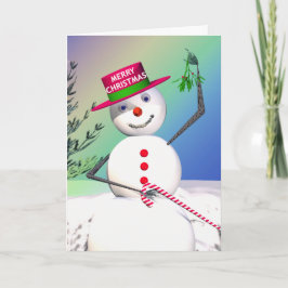 Tarjeta Festiva Snowman Holding Mistletoe