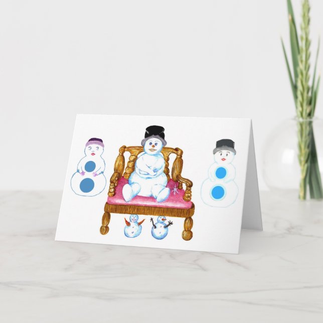 Tarjeta Festiva Snowman, hombre de nieve sentado en el banco (Anverso)