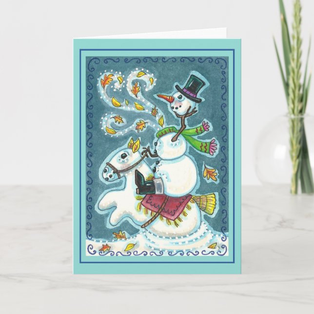TARJETA FESTIVA SNOWMAN HORSEMANA SIN CABEZA, XMAS HALLOWEB HUMOR, (Anverso)