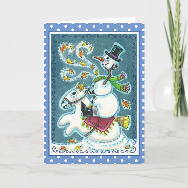 TARJETA FESTIVA SNOWMAN HORSEMANA SIN CABEZA, XMAS HALLOWEB HUMOR, (Anverso)