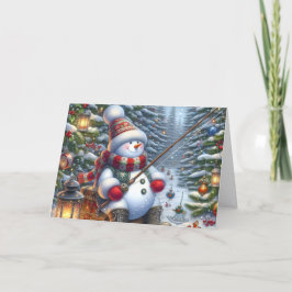Tarjeta Festiva Snowman Ice Fishing Christmas