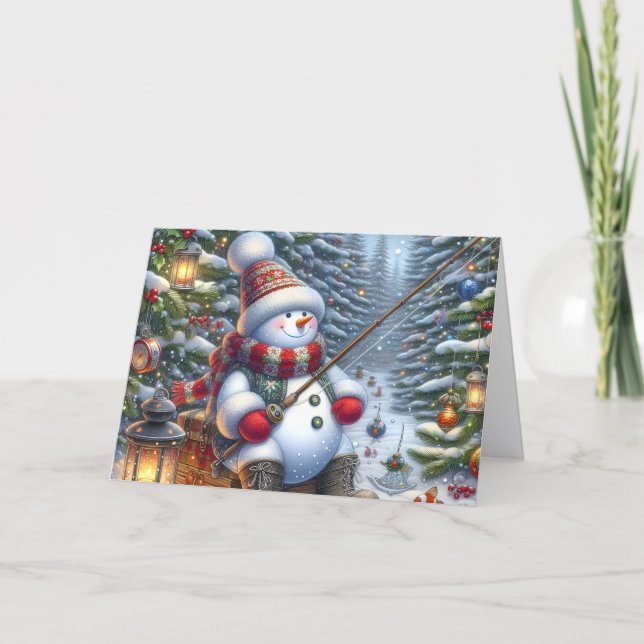 Tarjeta Festiva Snowman Ice Fishing Christmas (Anverso)