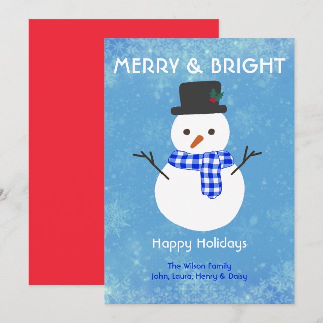 Tarjeta Festiva Snowman Merry & Bright Happy Holidays Personalizad (Anverso / Reverso)