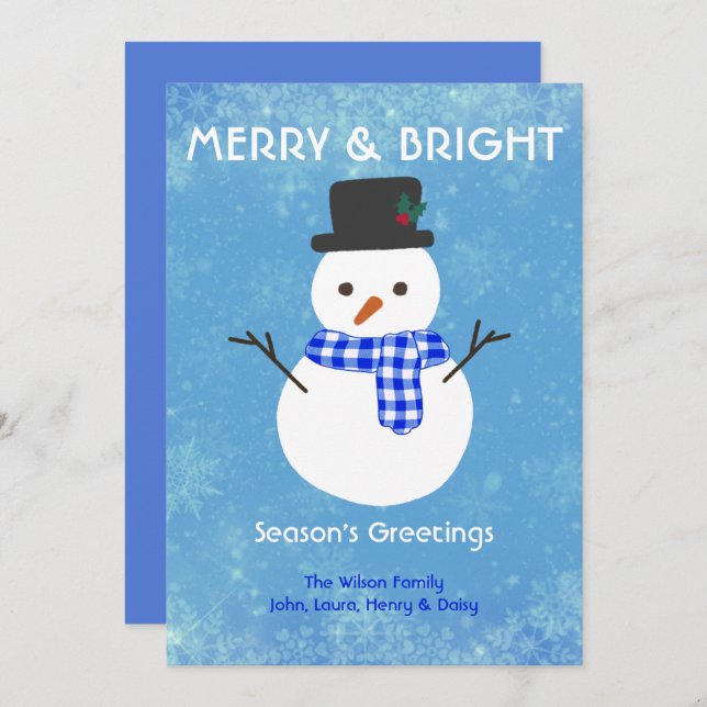 Tarjeta Festiva Snowman Merry & Bright Seasons Greetings Personali (Anverso / Reverso)