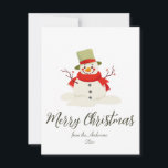 Tarjeta Festiva Snowman Merry Christmas Simple Cute Moderno<br><div class="desc">"¡Traiga una sonrisa a sus seres queridos con esta carta de Navidades deliciosa que incluye a un muñeco de nieve alegre! Con un sombrero clásico, una bufanda acogedora y una sonrisa cálida, este muñeco de nieve capta la alegría y la maravilla del invierno. Rodeado de nieve que cae suavemente, es...</div>