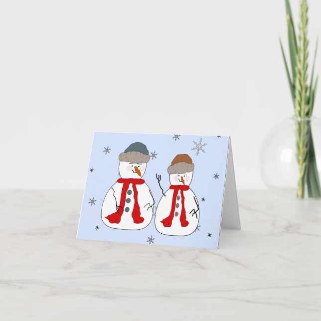 Tarjeta Festiva Snowman, pequeños hombres de nieve, hermanos, arte (Anverso)