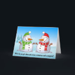 Tarjeta Festiva Snowman Play-date Humor Joke Christmas Card<br><div class="desc">Two snowmen deck out in red and green scarves and hats playing in a winter wonderland - an a corny joke! What do you get when you cross a snowman and a vampire? Frostbite!</div>