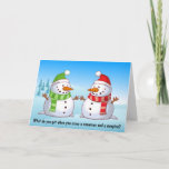 Tarjeta Festiva Snowman Play-date Humor Joke Christmas Card<br><div class="desc">Two snowmen deck out in red and green scarves and hats playing in a winter wonderland - an a corny joke! What do you get when you cross a snowman and a vampire? Frostbite!</div>