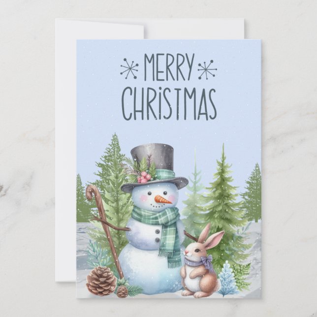 Tarjeta Festiva Snowman Rabbit Merry Christmas Card (Anverso)