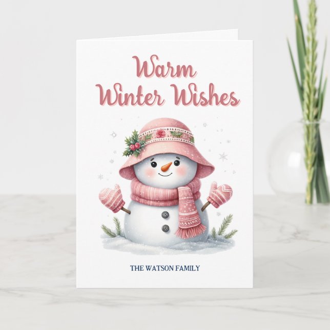 Tarjeta Festiva Snowman rosado y cálido deseo de invierno (Anverso)
