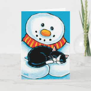 Tarjeta Festiva Snowman sosteniendo la pintura de un gato en Tuxed