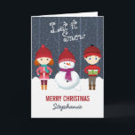 Tarjeta Festiva Snowman Winter Wonderland<br><div class="desc">Snowman Winter Wonderland Deja Que Nieva, Que Nieva, Que Nieva. Celebra la temporada con este divertido y caprichoso tema invernal. Este diseño de invierno consiste en un divertido y encantador muñeco de nieve y dos animados niños vestidos con sus suéteres de invierno más cálidos. Trae la diversión con los accesorios...</div>