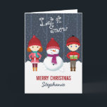 Tarjeta Festiva Snowman Winter Wonderland<br><div class="desc">Snowman Winter Wonderland Deja Que Nieva, Que Nieva, Que Nieva. Celebra la temporada con este divertido y caprichoso tema invernal. Este diseño de invierno consiste en un divertido y encantador muñeco de nieve y dos animados niños vestidos con sus suéteres de invierno más cálidos. Trae la diversión con los accesorios...</div>