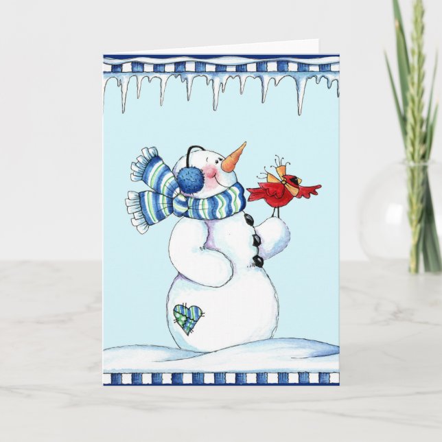 Tarjeta Festiva Snowman y el cardenal (Anverso)