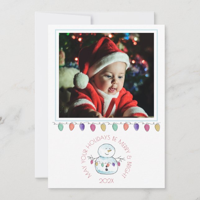 Tarjeta Festiva Snowman y luces con foto (Anverso)