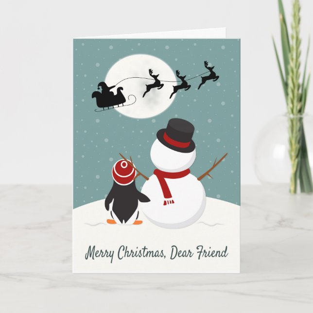 Tarjeta Festiva Snowman y Penguin observan el Sleigh de Santa (Anverso)