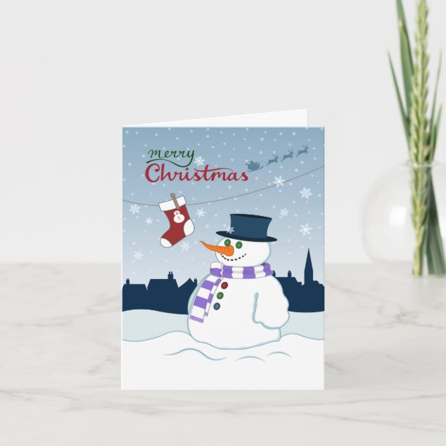 Tarjeta Festiva Snowman y Stocking Merry Christmas (Anverso)