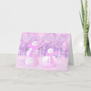 Tarjeta Festiva Snowmen Púrpura Rosa Personalizado