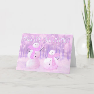 Tarjeta Festiva Snowmen Púrpura Rosa Personalizado