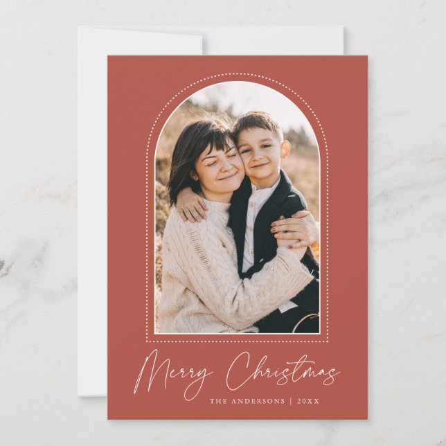 Tarjeta Festiva Snowowley Arch Rust Merry Christmas Photo (Anverso)