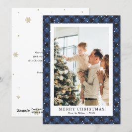Tarjeta Festiva Snowowley Blue Plaid Photo Merry Christmas Card