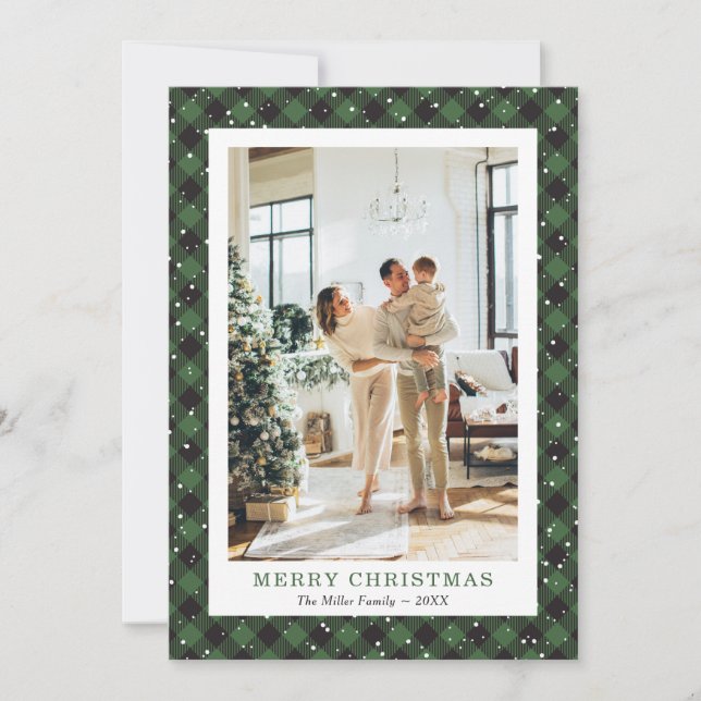 Tarjeta Festiva Snowowley Green Plaid Photo Merry Christmas Card (Anverso)