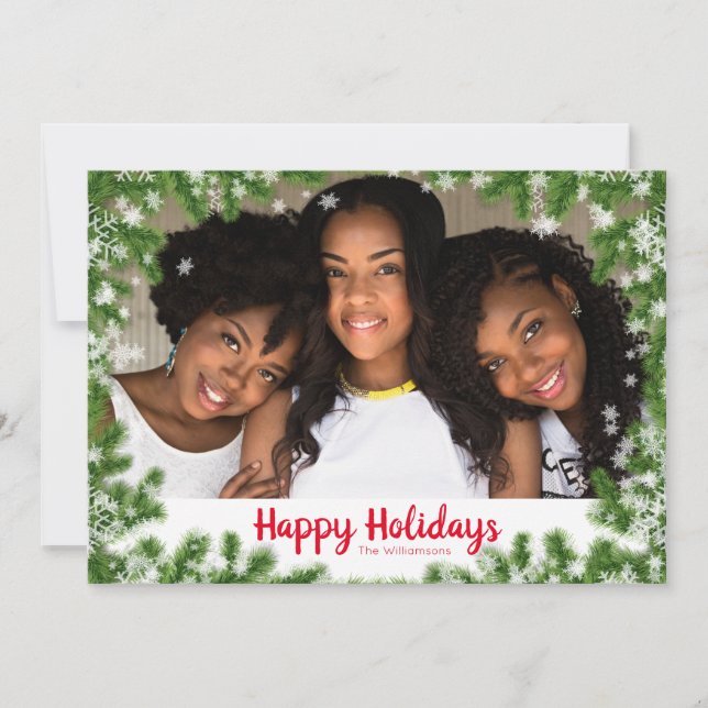 Tarjeta Festiva Snowowley Pine Needles Happy Holiday Photo Card (Anverso)