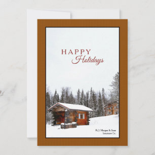 Tarjeta Festiva Snowowley Rustic Cabin Holiday Card